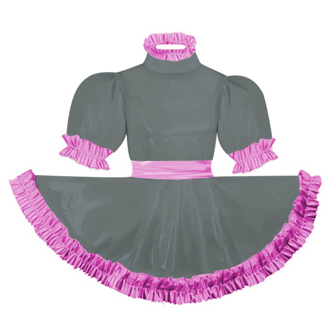 Adult Puff Short Sleeves Lolita Mini Dress Pink Ruffles Turtleneck Dress with Belt Crossdresser Party A-line Pleated Maid Dress