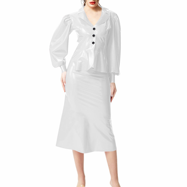 Plus Size Wet Look PVC Leather Dress Suit Puff Long Sleeves Slim Top with Knee-length Skirts Outfits Party Clubwear Streetwear