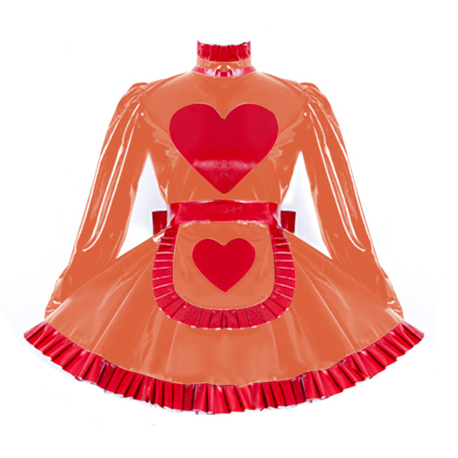 Lolita Pleated Maid Cosplay Dress Outfit Lockable Cross Dressing Maid Uniforms Cute Long Sleeve Dress with Heart Apron Halloween