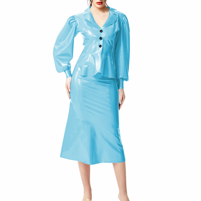 Plus Size Wet Look PVC Leather Dress Suit Puff Long Sleeves Slim Top with Knee-length Skirts Outfits Party Clubwear Streetwear