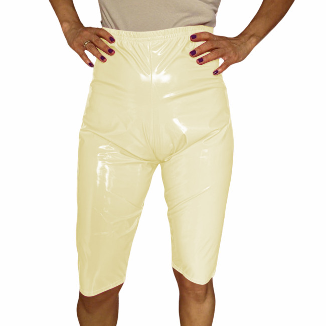 Women Sexy Stretch Knee-length Pants Wetlook PVC Leather Clubwear Sissy High Waist Elastic Solid Color Shorts Leggings Bottoms