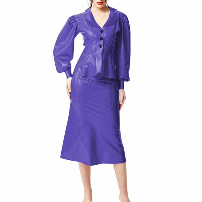Plus Size Wet Look PVC Leather Dress Suit Puff Long Sleeves Slim Top with Knee-length Skirts Outfits Party Clubwear Streetwear