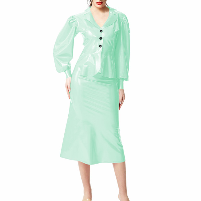 Plus Size Wet Look PVC Leather Dress Suit Puff Long Sleeves Slim Top with Knee-length Skirts Outfits Party Clubwear Streetwear