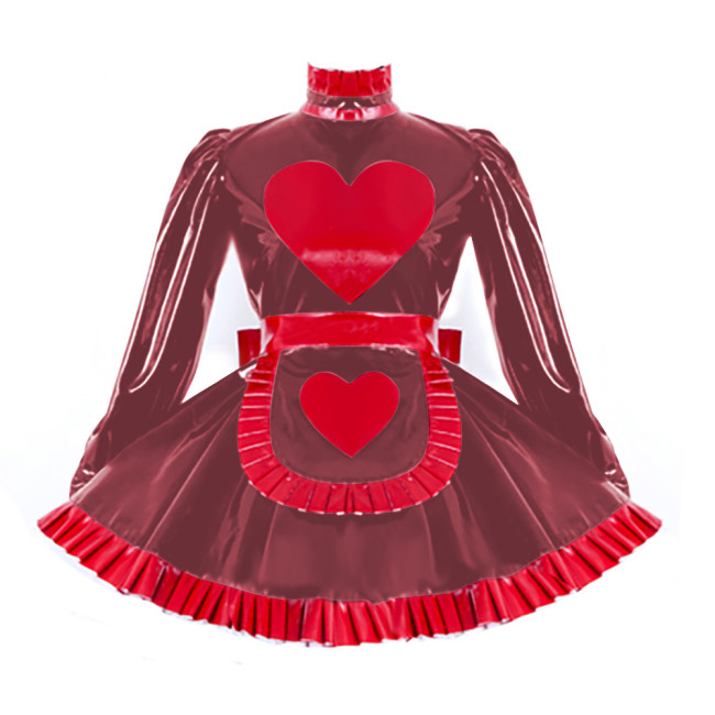 Lolita Pleated Maid Cosplay Dress Outfit Lockable Cross Dressing Maid Uniforms Cute Long Sleeve Dress with Heart Apron Halloween