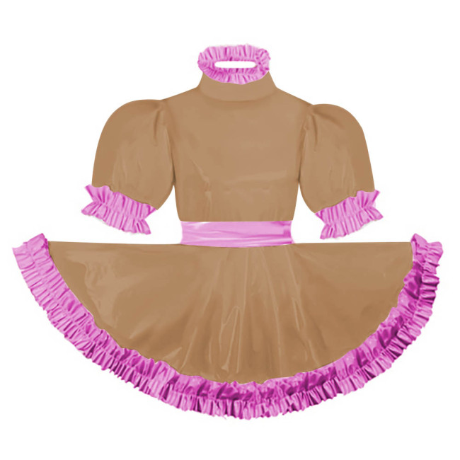 Adult Puff Short Sleeves Lolita Mini Dress Pink Ruffles Turtleneck Dress with Belt Crossdresser Party A-line Pleated Maid Dress