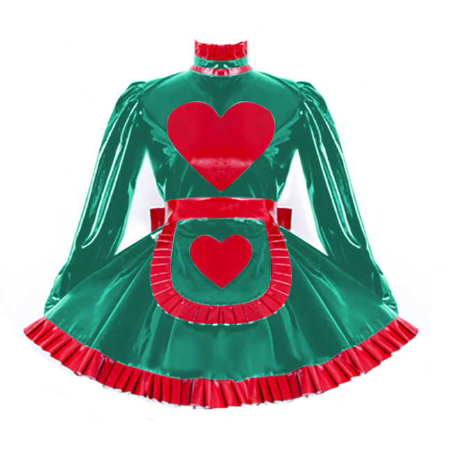 Lolita Pleated Maid Cosplay Dress Outfit Lockable Cross Dressing Maid Uniforms Cute Long Sleeve Dress with Heart Apron Halloween