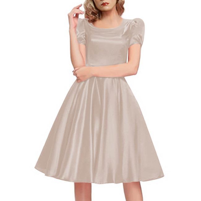 Elegant Slim Satin Dress High Waist O-Neck Short Sleeve Midi Dress Evening Party Solid Color Swing Dress Casual Outfit for Women