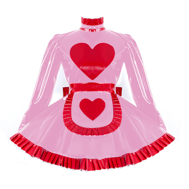 Lolita Pleated Maid Cosplay Dress Outfit Lockable Cross Dressing Maid Uniforms Cute Long Sleeve Dress with Heart Apron Halloween