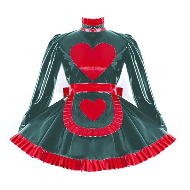 Lolita Pleated Maid Cosplay Dress Outfit Lockable Cross Dressing Maid Uniforms Cute Long Sleeve Dress with Heart Apron Halloween