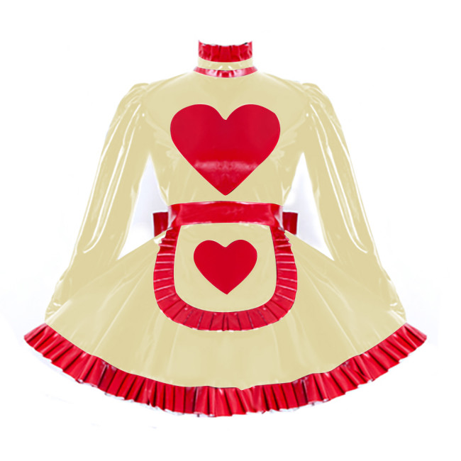 Lolita Pleated Maid Cosplay Dress Outfit Lockable Cross Dressing Maid Uniforms Cute Long Sleeve Dress with Heart Apron Halloween