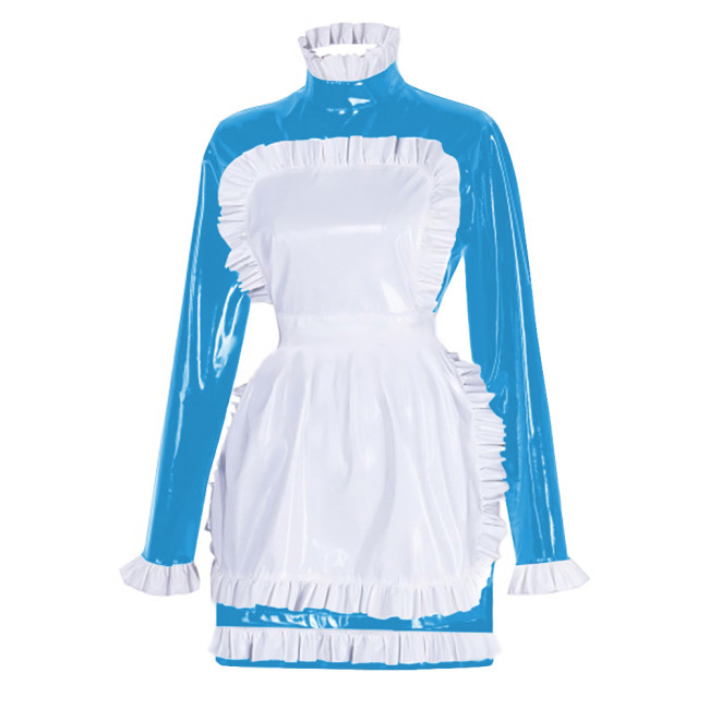 Sissy Latex-look PVC Leather Maid Dress with Ruffled Apron Long Sleeves Bodycon Mini Maid Uniform Halloween Cosplay Dress Outfit