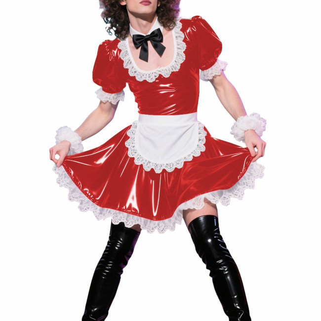 Mens Sissy Puff Short Sleeves A-line Maid Dress Sets Lolita U-neck Wetlook PVC Leather Pleated Dress Cosplay Apron Maid Uniforms