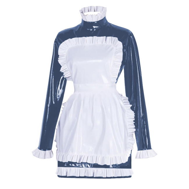 Sissy Latex-look PVC Leather Maid Dress with Ruffled Apron Long Sleeves Bodycon Mini Maid Uniform Halloween Cosplay Dress Outfit