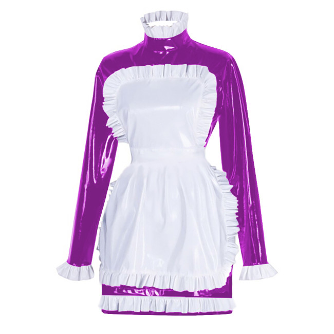 Sissy Latex-look PVC Leather Maid Dress with Ruffled Apron Long Sleeves Bodycon Mini Maid Uniform Halloween Cosplay Dress Outfit
