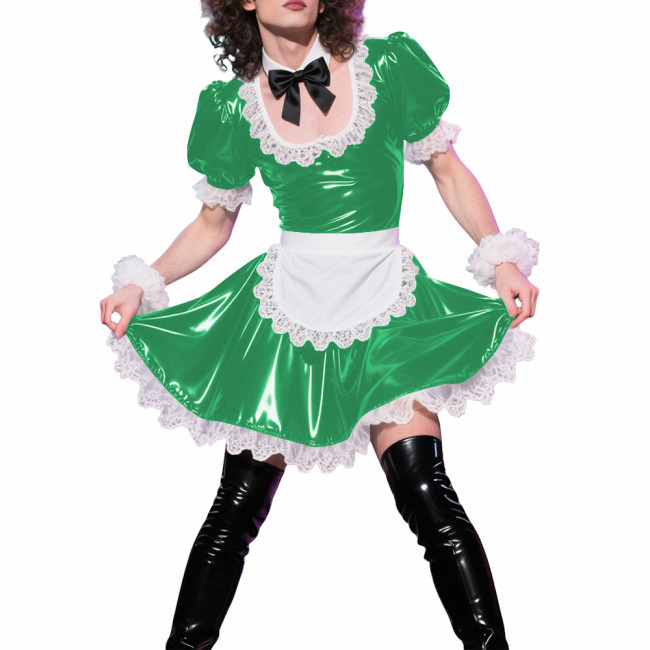 Mens Sissy Puff Short Sleeves A-line Maid Dress Sets Lolita U-neck Wetlook PVC Leather Pleated Dress Cosplay Apron Maid Uniforms