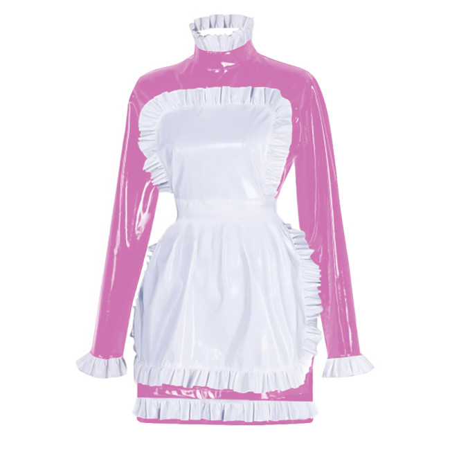 Sissy Latex-look PVC Leather Maid Dress with Ruffled Apron Long Sleeves Bodycon Mini Maid Uniform Halloween Cosplay Dress Outfit