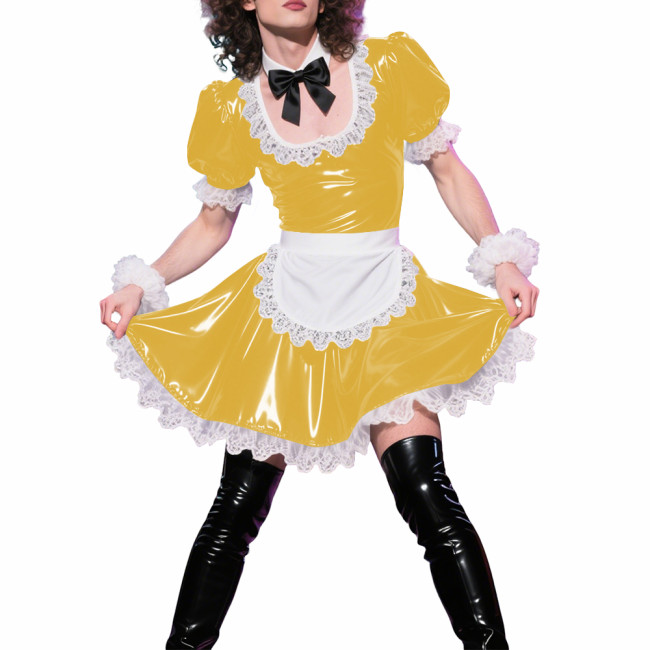 Mens Sissy Puff Short Sleeves A-line Maid Dress Sets Lolita U-neck Wetlook PVC Leather Pleated Dress Cosplay Apron Maid Uniforms