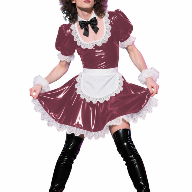 Mens Sissy Puff Short Sleeves A-line Maid Dress Sets Lolita U-neck Wetlook PVC Leather Pleated Dress Cosplay Apron Maid Uniforms