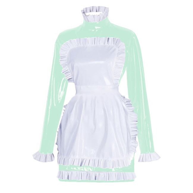 Sissy Latex-look PVC Leather Maid Dress with Ruffled Apron Long Sleeves Bodycon Mini Maid Uniform Halloween Cosplay Dress Outfit