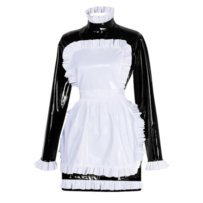 Sissy Latex-look PVC Leather Maid Dress with Ruffled Apron Long Sleeves Bodycon Mini Maid Uniform Halloween Cosplay Dress Outfit