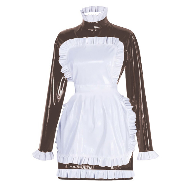 Sissy Latex-look PVC Leather Maid Dress with Ruffled Apron Long Sleeves Bodycon Mini Maid Uniform Halloween Cosplay Dress Outfit