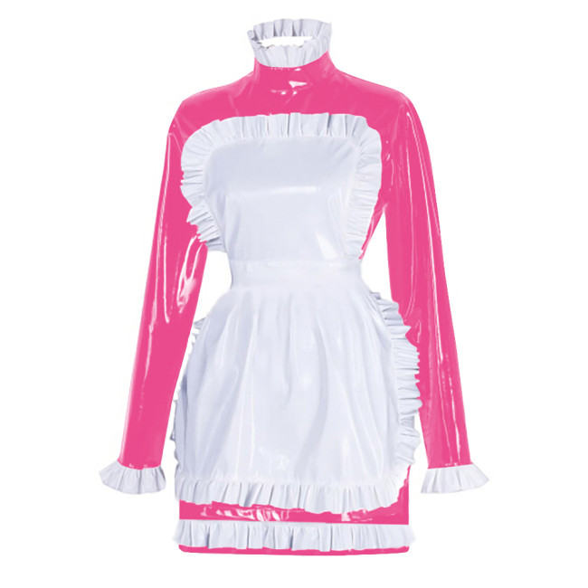 Sissy Latex-look PVC Leather Maid Dress with Ruffled Apron Long Sleeves Bodycon Mini Maid Uniform Halloween Cosplay Dress Outfit