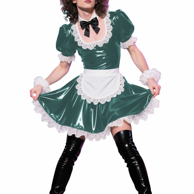 Mens Sissy Puff Short Sleeves A-line Maid Dress Sets Lolita U-neck Wetlook PVC Leather Pleated Dress Cosplay Apron Maid Uniforms