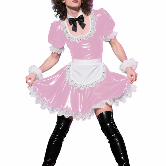 Mens Sissy Puff Short Sleeves A-line Maid Dress Sets Lolita U-neck Wetlook PVC Leather Pleated Dress Cosplay Apron Maid Uniforms