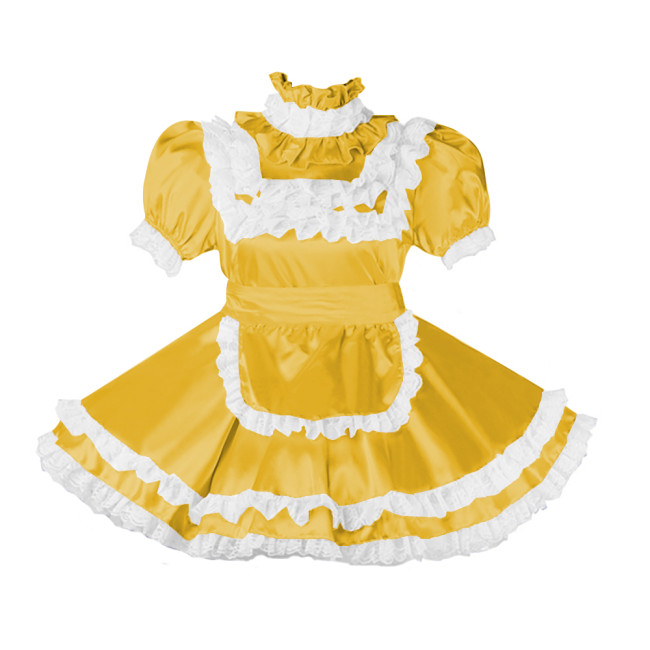 Lockable Sissy Satin Maid Dress Outfit Cosplay Uniforms Lace Ruffles Pleated Maid Fancy Dress Halloween Maidservant Costumes 7XL