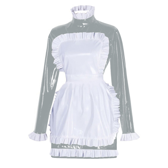 Sissy Latex-look PVC Leather Maid Dress with Ruffled Apron Long Sleeves Bodycon Mini Maid Uniform Halloween Cosplay Dress Outfit