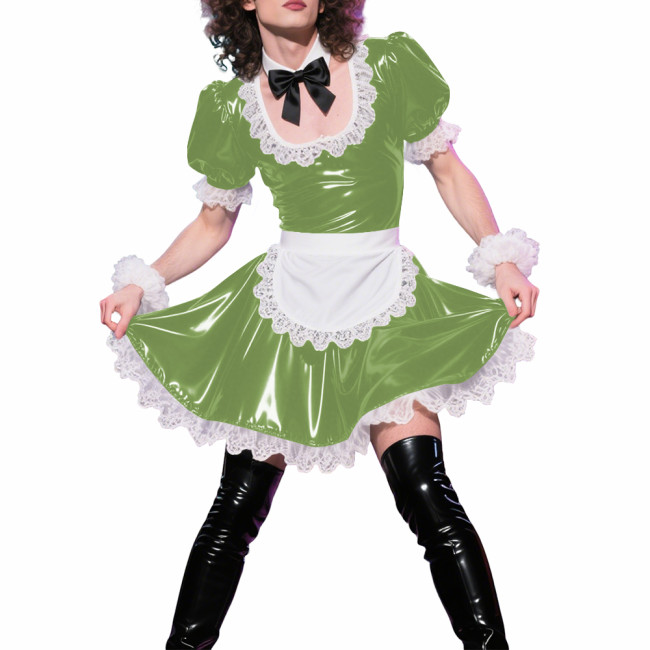 Mens Sissy Puff Short Sleeves A-line Maid Dress Sets Lolita U-neck Wetlook PVC Leather Pleated Dress Cosplay Apron Maid Uniforms