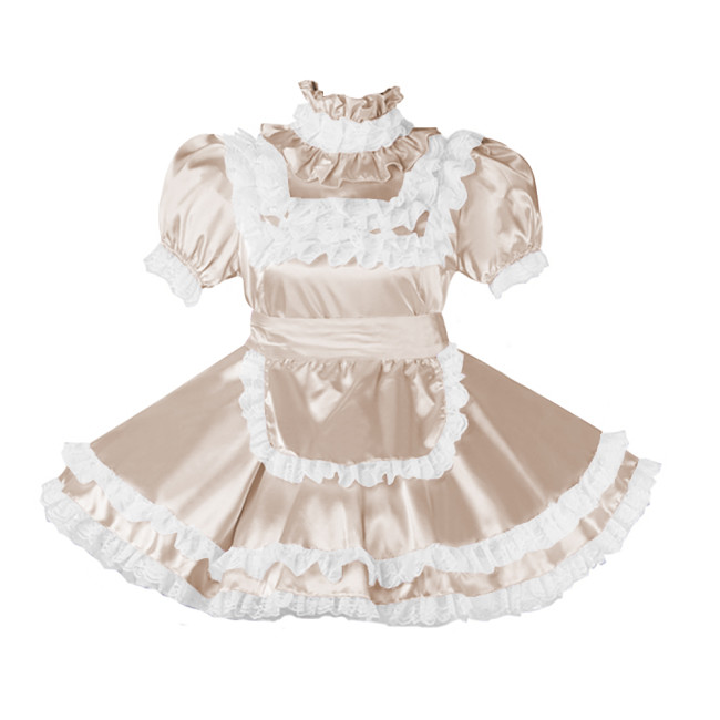 Lockable Sissy Satin Maid Dress Outfit Cosplay Uniforms Lace Ruffles Pleated Maid Fancy Dress Halloween Maidservant Costumes 7XL