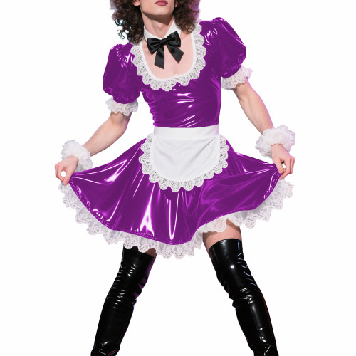 Mens Sissy Puff Short Sleeves A-line Maid Dress Sets Lolita U-neck Wetlook PVC Leather Pleated Dress Cosplay Apron Maid Uniforms