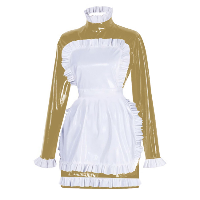Sissy Latex-look PVC Leather Maid Dress with Ruffled Apron Long Sleeves Bodycon Mini Maid Uniform Halloween Cosplay Dress Outfit