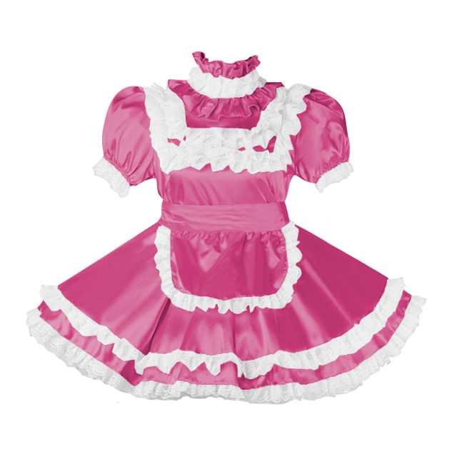 Lockable Sissy Satin Maid Dress Outfit Cosplay Uniforms Lace Ruffles Pleated Maid Fancy Dress Halloween Maidservant Costumes 7XL