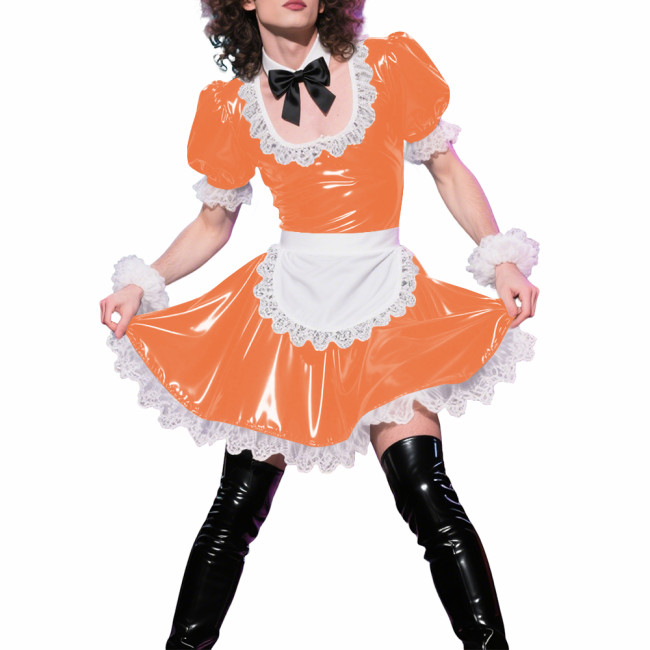 Mens Sissy Puff Short Sleeves A-line Maid Dress Sets Lolita U-neck Wetlook PVC Leather Pleated Dress Cosplay Apron Maid Uniforms