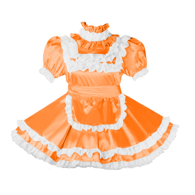 Lockable Sissy Satin Maid Dress Outfit Cosplay Uniforms Lace Ruffles Pleated Maid Fancy Dress Halloween Maidservant Costumes 7XL