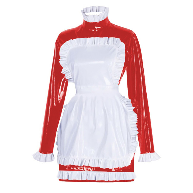 Sissy Latex-look PVC Leather Maid Dress with Ruffled Apron Long Sleeves Bodycon Mini Maid Uniform Halloween Cosplay Dress Outfit