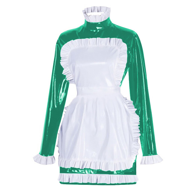 Sissy Latex-look PVC Leather Maid Dress with Ruffled Apron Long Sleeves Bodycon Mini Maid Uniform Halloween Cosplay Dress Outfit