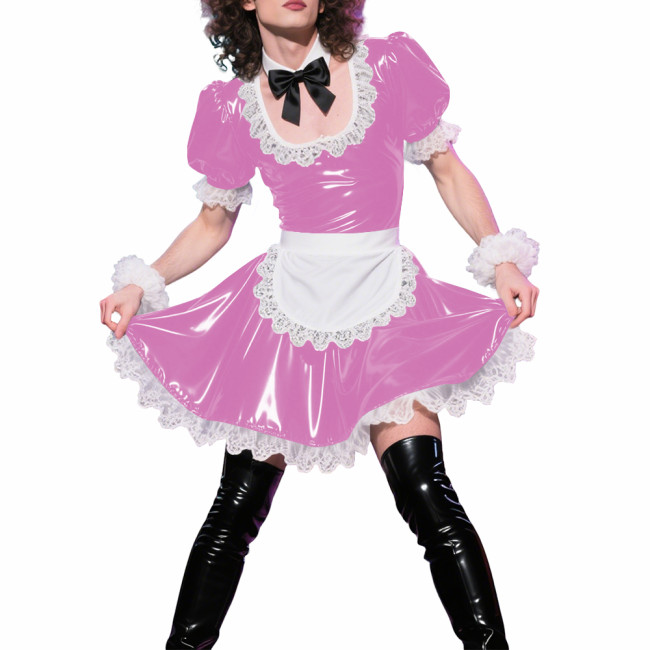 Mens Sissy Puff Short Sleeves A-line Maid Dress Sets Lolita U-neck Wetlook PVC Leather Pleated Dress Cosplay Apron Maid Uniforms