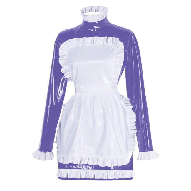 Sissy Latex-look PVC Leather Maid Dress with Ruffled Apron Long Sleeves Bodycon Mini Maid Uniform Halloween Cosplay Dress Outfit