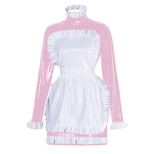 Sissy Latex-look PVC Leather Maid Dress with Ruffled Apron Long Sleeves Bodycon Mini Maid Uniform Halloween Cosplay Dress Outfit