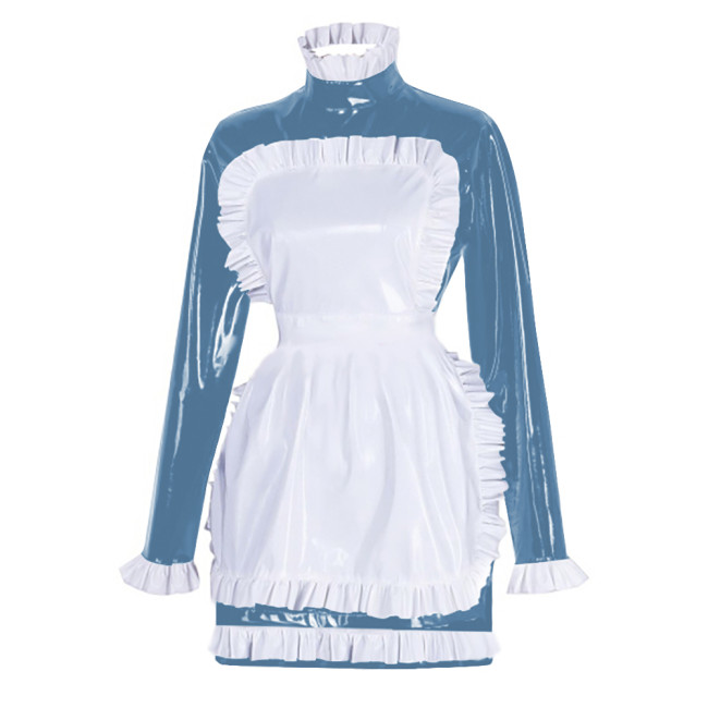 Sissy Latex-look PVC Leather Maid Dress with Ruffled Apron Long Sleeves Bodycon Mini Maid Uniform Halloween Cosplay Dress Outfit