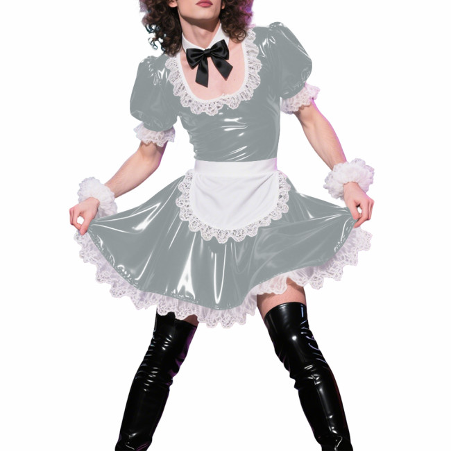 Mens Sissy Puff Short Sleeves A-line Maid Dress Sets Lolita U-neck Wetlook PVC Leather Pleated Dress Cosplay Apron Maid Uniforms