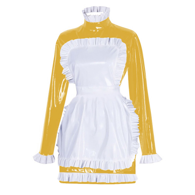 Sissy Latex-look PVC Leather Maid Dress with Ruffled Apron Long Sleeves Bodycon Mini Maid Uniform Halloween Cosplay Dress Outfit
