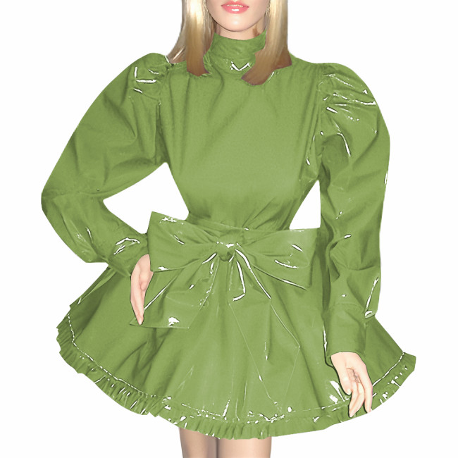 Fetish PVC Leather Lolita A-line Dresses Crossdressing Sissy High Neck Puff Long Sleeves Mini Dress with Bow Cosplay Maid Outfit