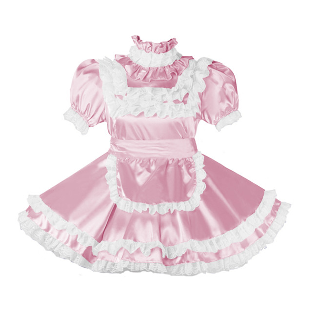 Lockable Sissy Satin Maid Dress Outfit Cosplay Uniforms Lace Ruffles Pleated Maid Fancy Dress Halloween Maidservant Costumes 7XL