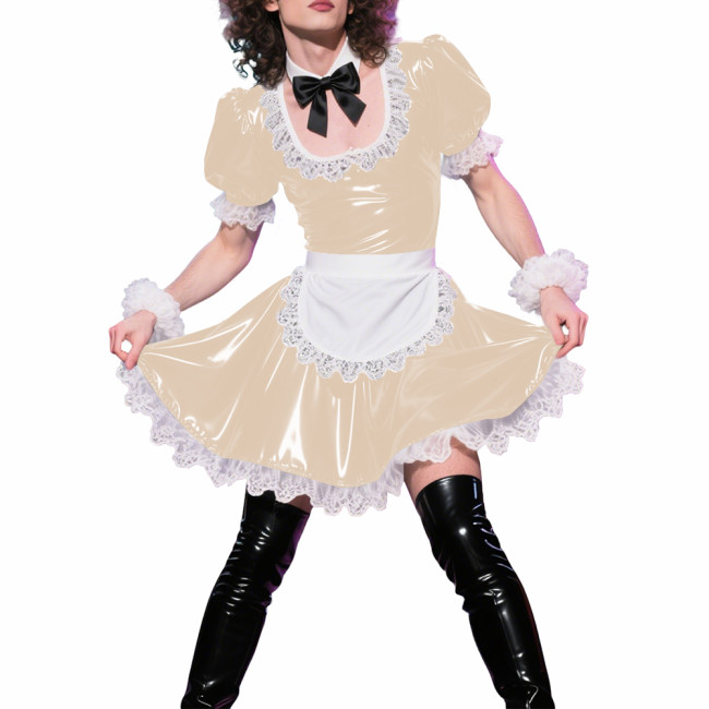 Mens Sissy Puff Short Sleeves A-line Maid Dress Sets Lolita U-neck Wetlook PVC Leather Pleated Dress Cosplay Apron Maid Uniforms