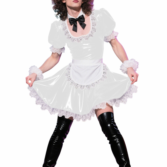 Mens Sissy Puff Short Sleeves A-line Maid Dress Sets Lolita U-neck Wetlook PVC Leather Pleated Dress Cosplay Apron Maid Uniforms