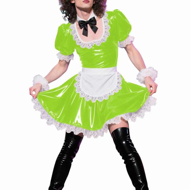 Mens Sissy Puff Short Sleeves A-line Maid Dress Sets Lolita U-neck Wetlook PVC Leather Pleated Dress Cosplay Apron Maid Uniforms